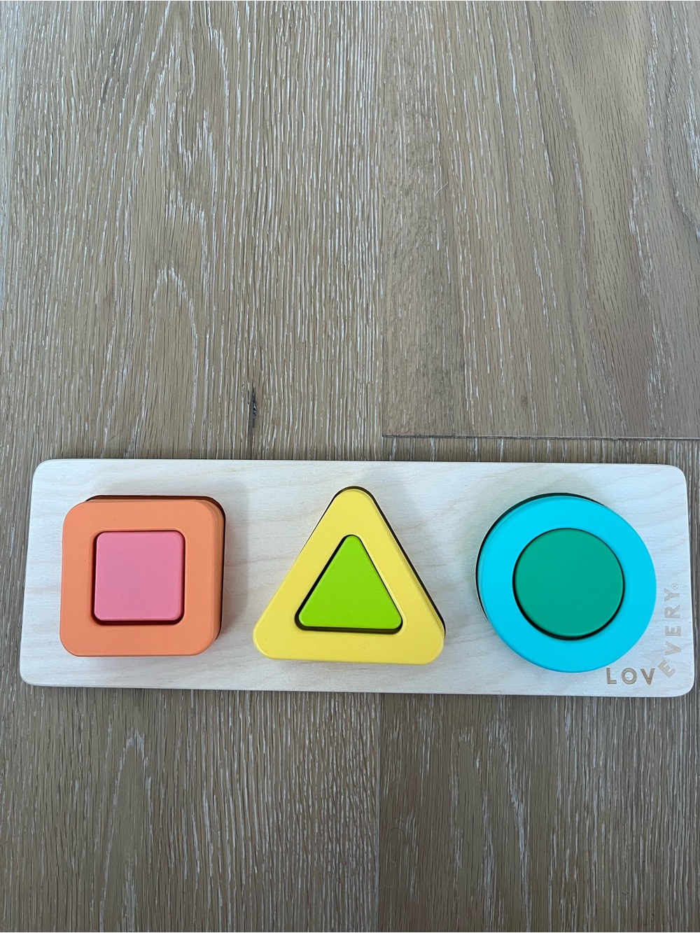 Lovevery Geo Shapes Colorful Wooden Shape Sorter Puzzle - Orange, Yellow & Blue